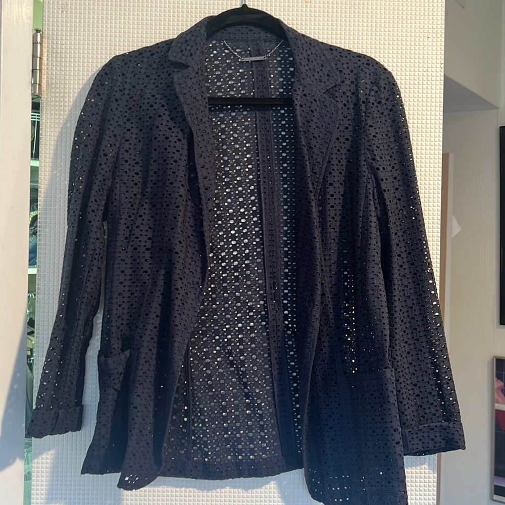 Ellie Tahari navy crochet summer blazer, size M